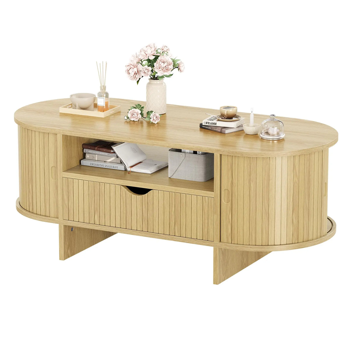 HiMiss Oval Wooden Coffee Table With Storage Drawer Fluted Design