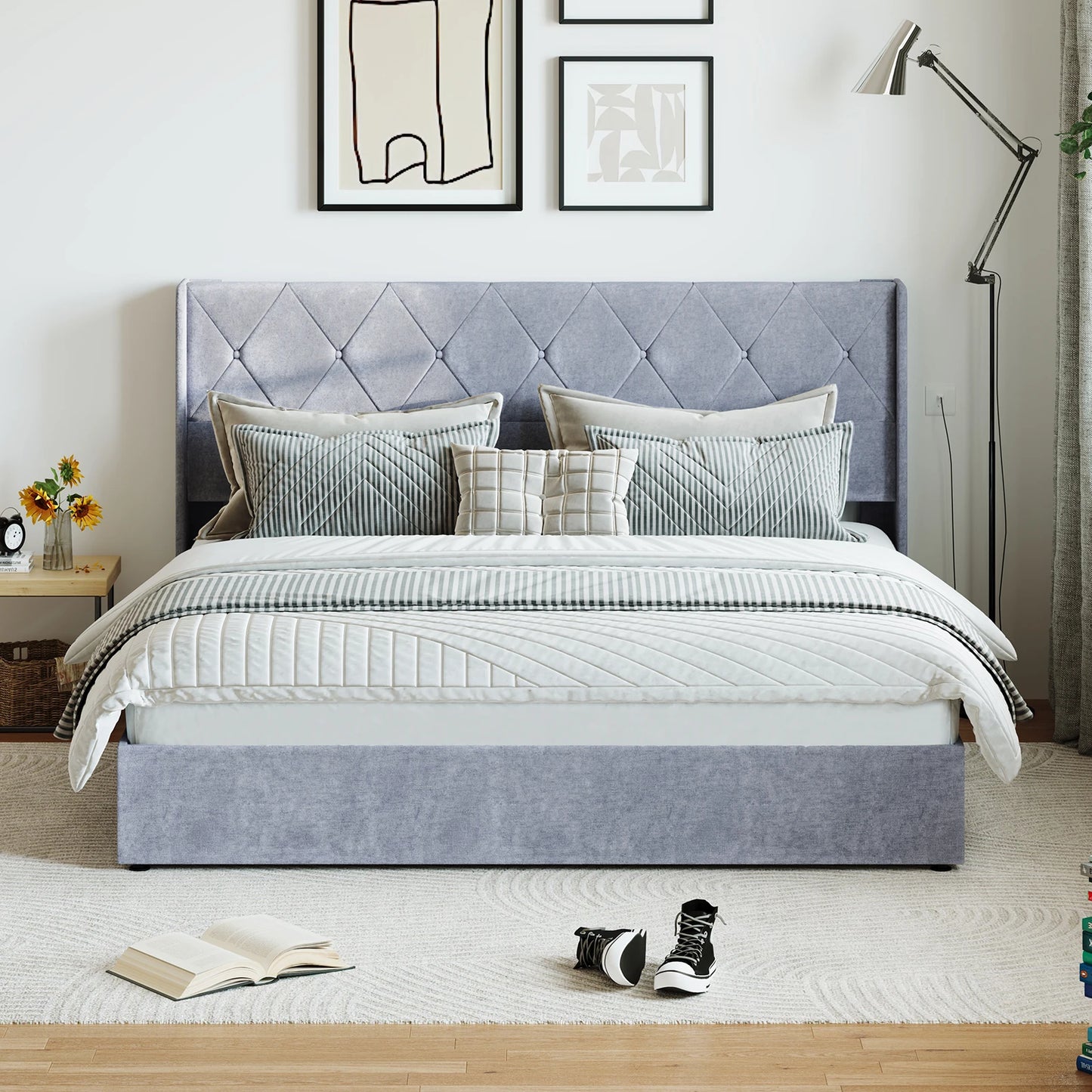 JHK Lift Up Storage Bed With Upholstered Wingback Headboard
