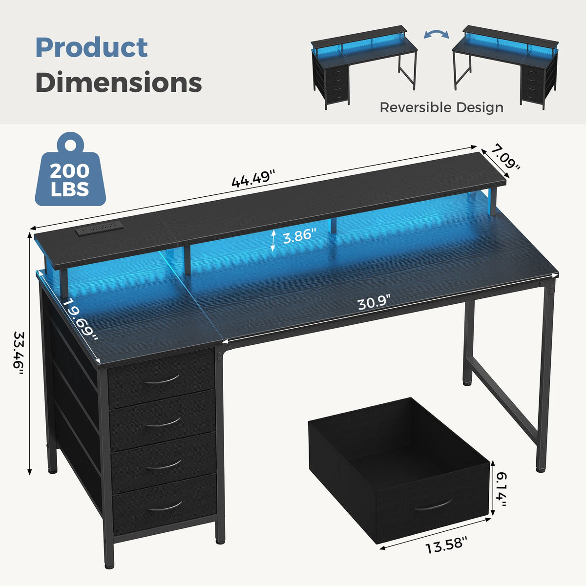 JHK Gaming Computer Desk With Storage Drawers And LED Lighting