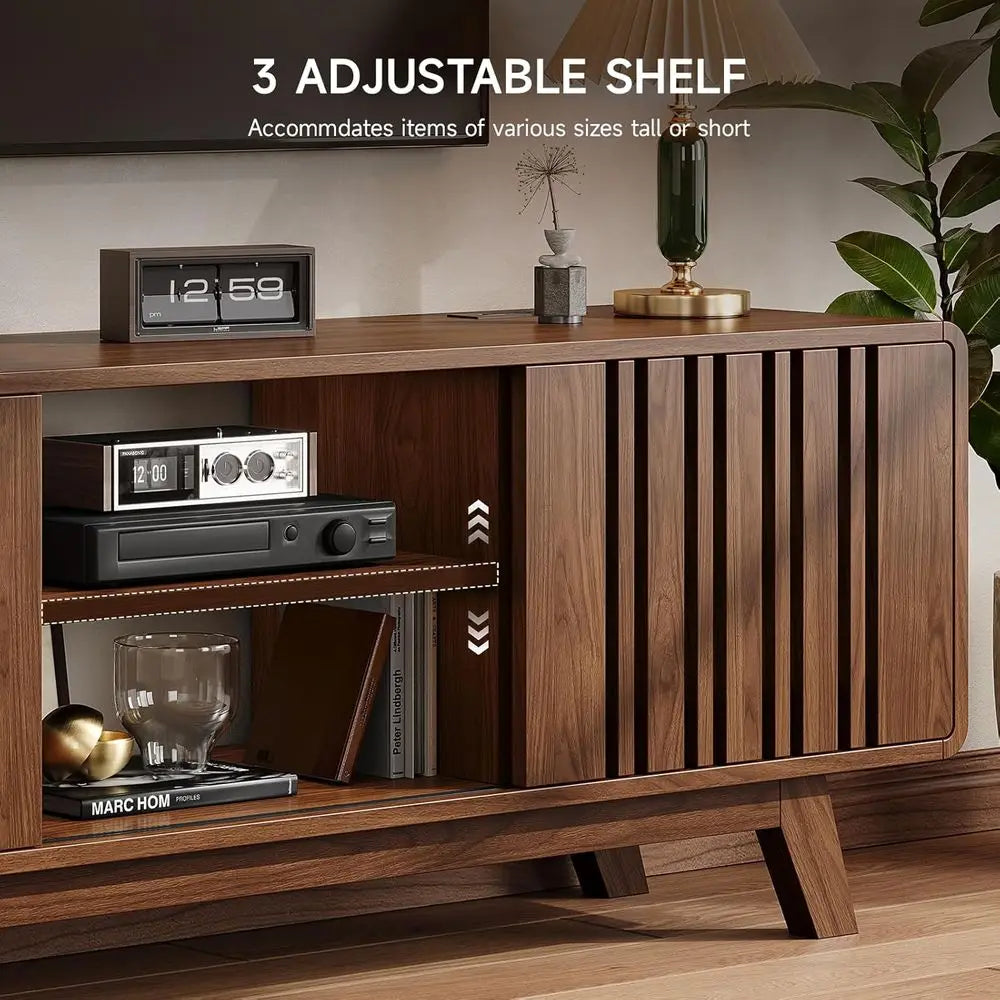63-Inch TV Stand or TVs up to 75 Inch, -Century ern Teion Stand with Power Outlet, Entertainment Center with Sliding Grille Door