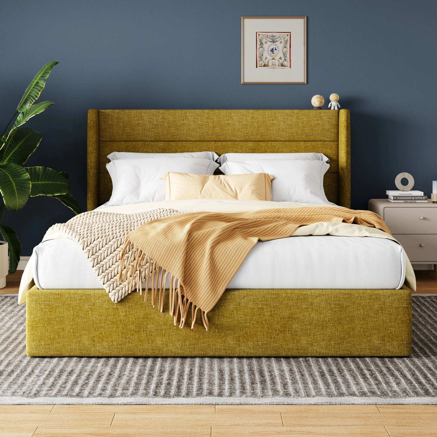 HOOMIC Lift Up Storage Bed With Wingback Headboard And Hydraulic Lift