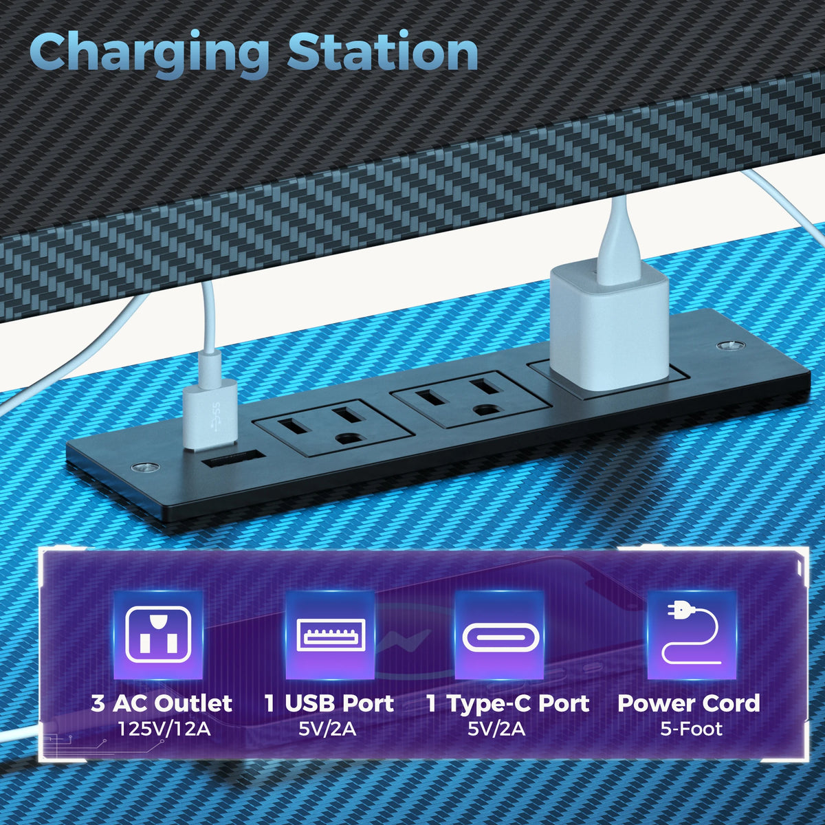 JHK Gaming Desk 3 Storage Drawers Led Lights Power Outlet