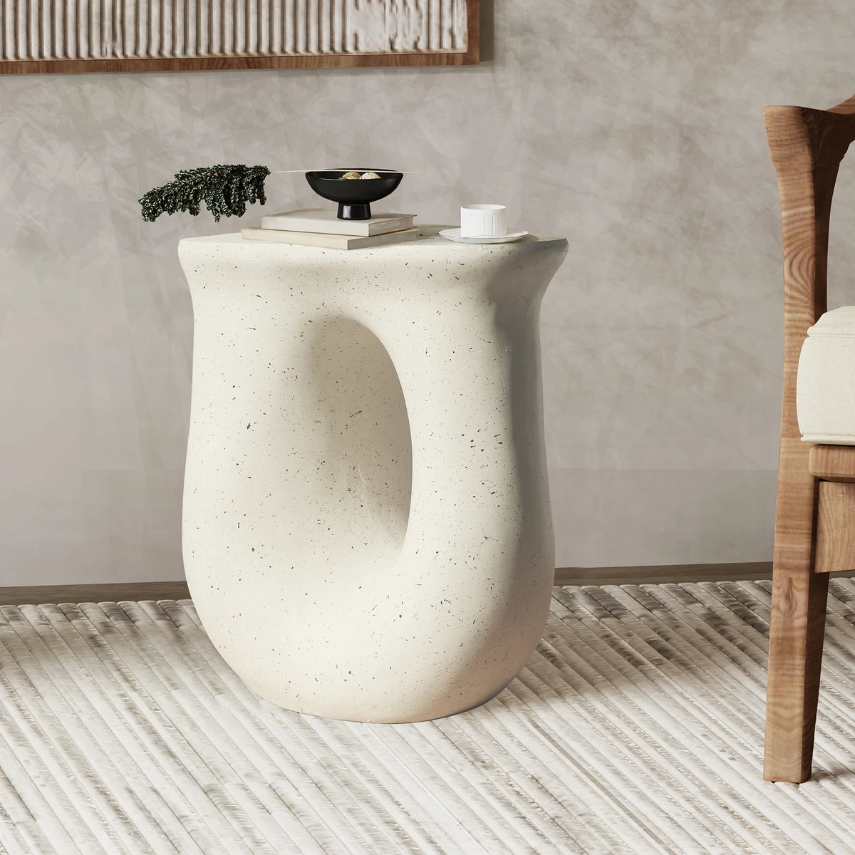 Stylish U Shaped Geometric Stone Side End Accent Table