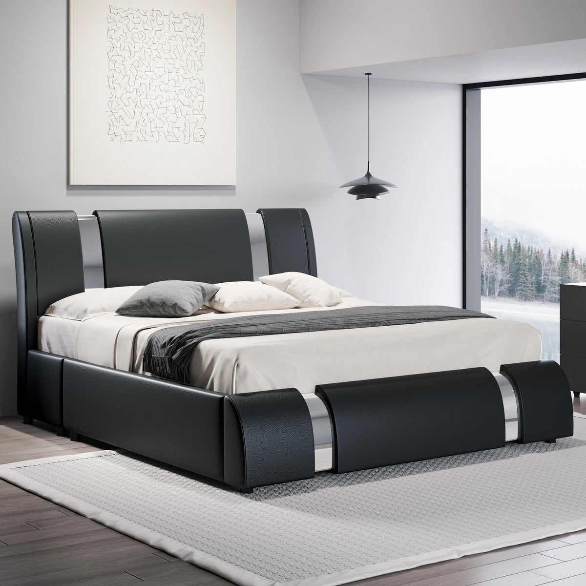 Hoomic Modern Faux Leather Platform Bed Frame With Adjustable Headboard
