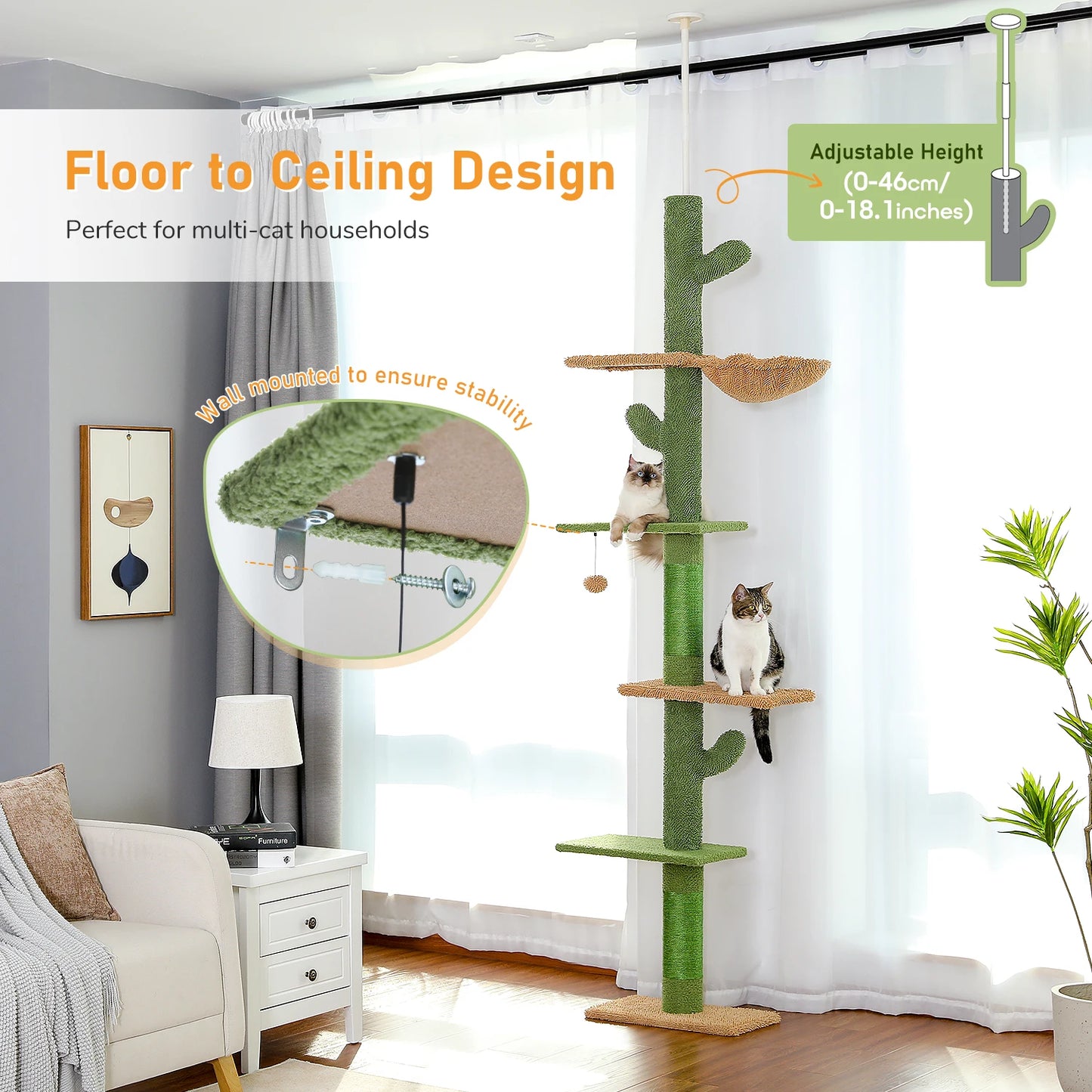 PAWZ Road 5-Tier Floor-To-Ceiling Cat Tree With Hammock