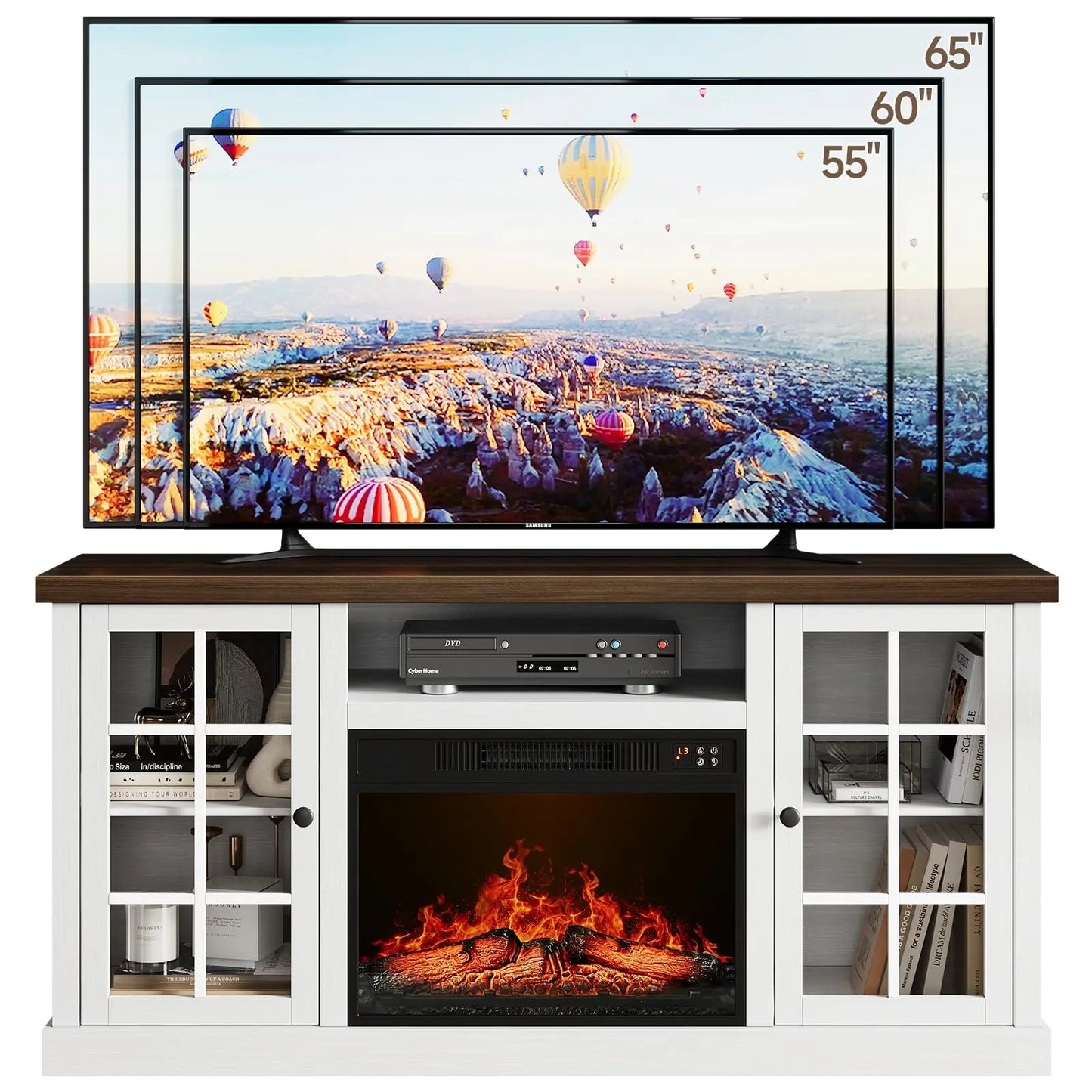 ONBRILL Farmhouse TV Stand With Electric Fireplace And Glass Doors