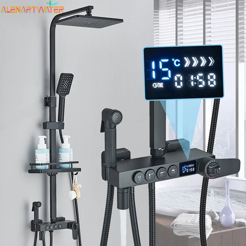ALENARTWATER Black And Gold Shower Faucet Set With Dual Spray