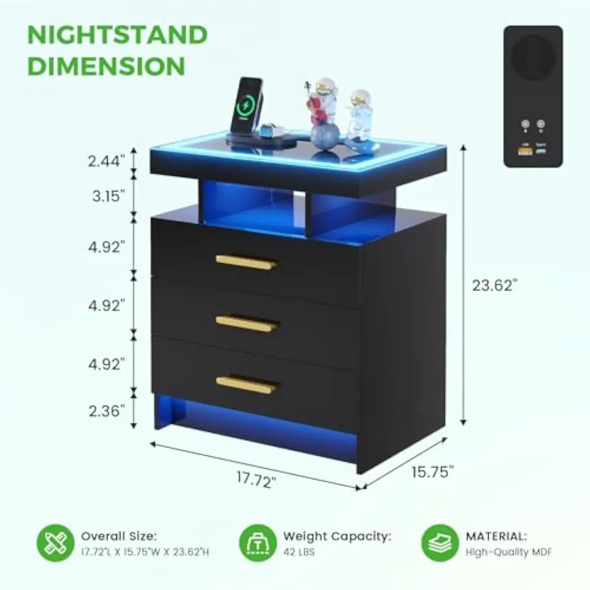 Modern Led Nightstand With Wireless Charging And Usb Ports