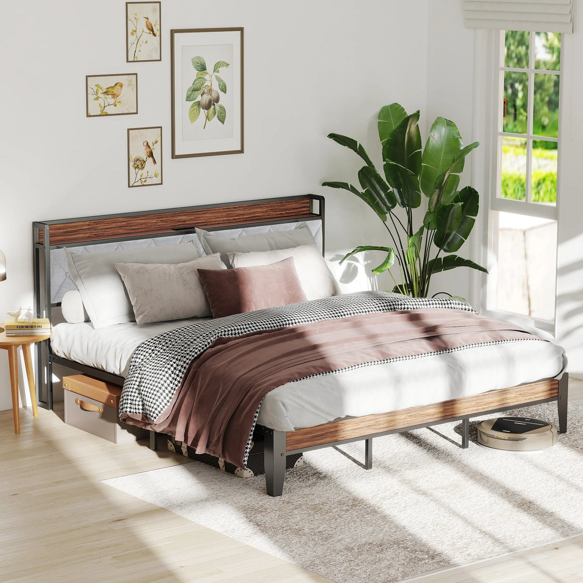 JHK Metal Bed Frame With Storage And Charging Station