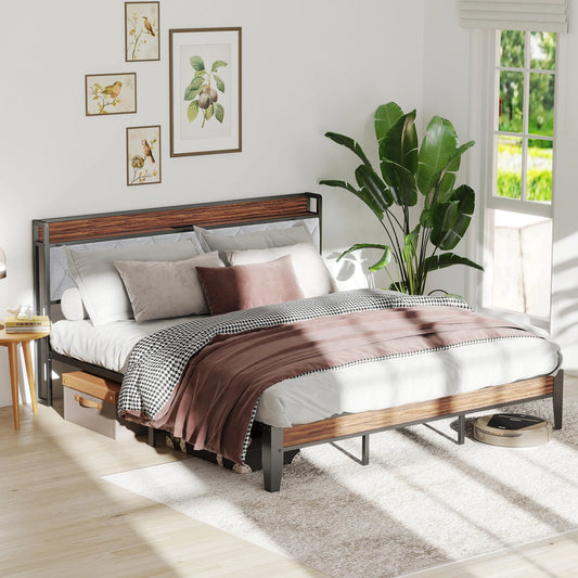 JHK Metal Bed Frame With Storage And Charging Station