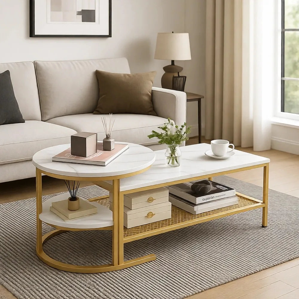 Modern Nesting Coffee Tables With Faux Marble And Metal Frames