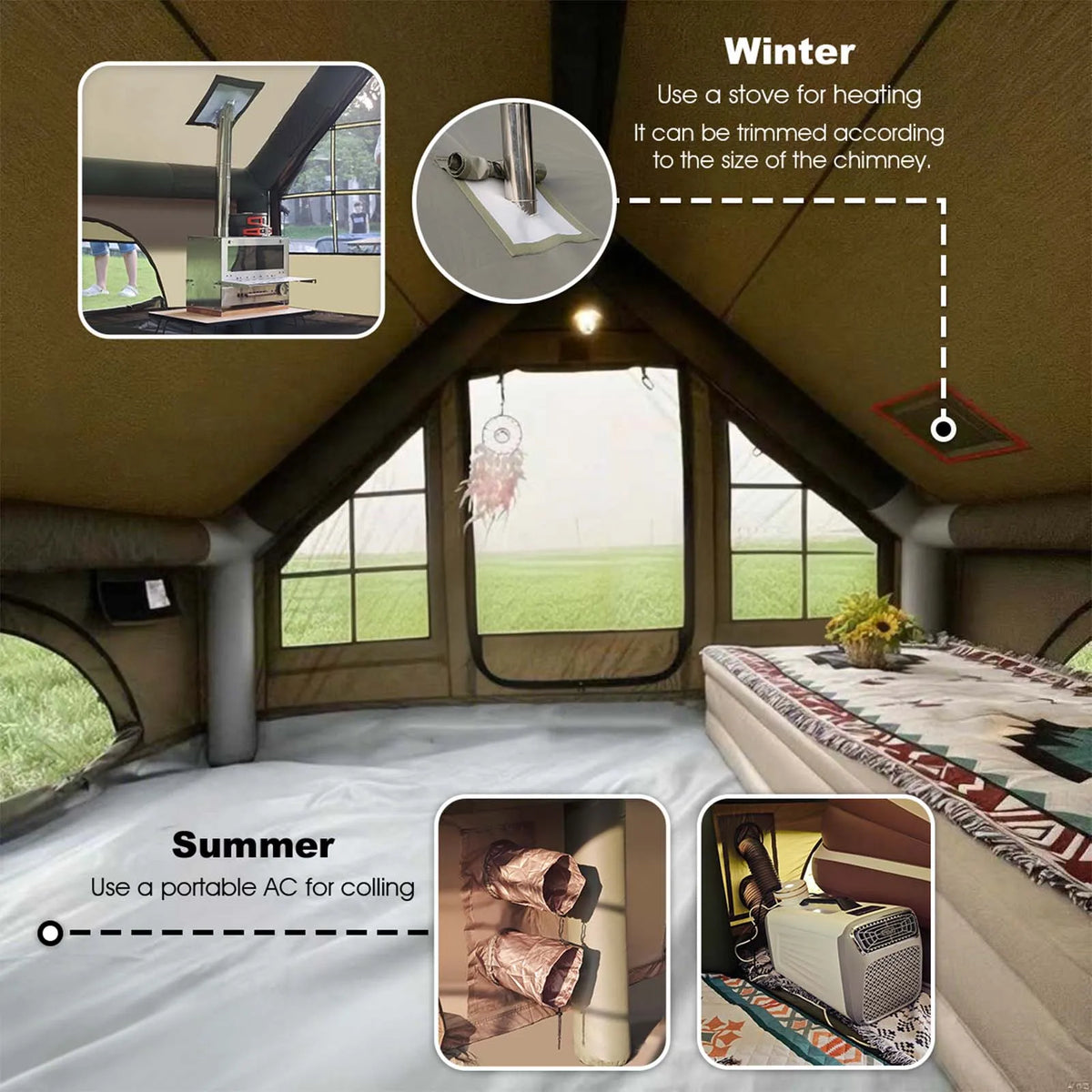 SENLEETO Inflatable Glamping Tent With Waterproof Mat And Stove Jack
