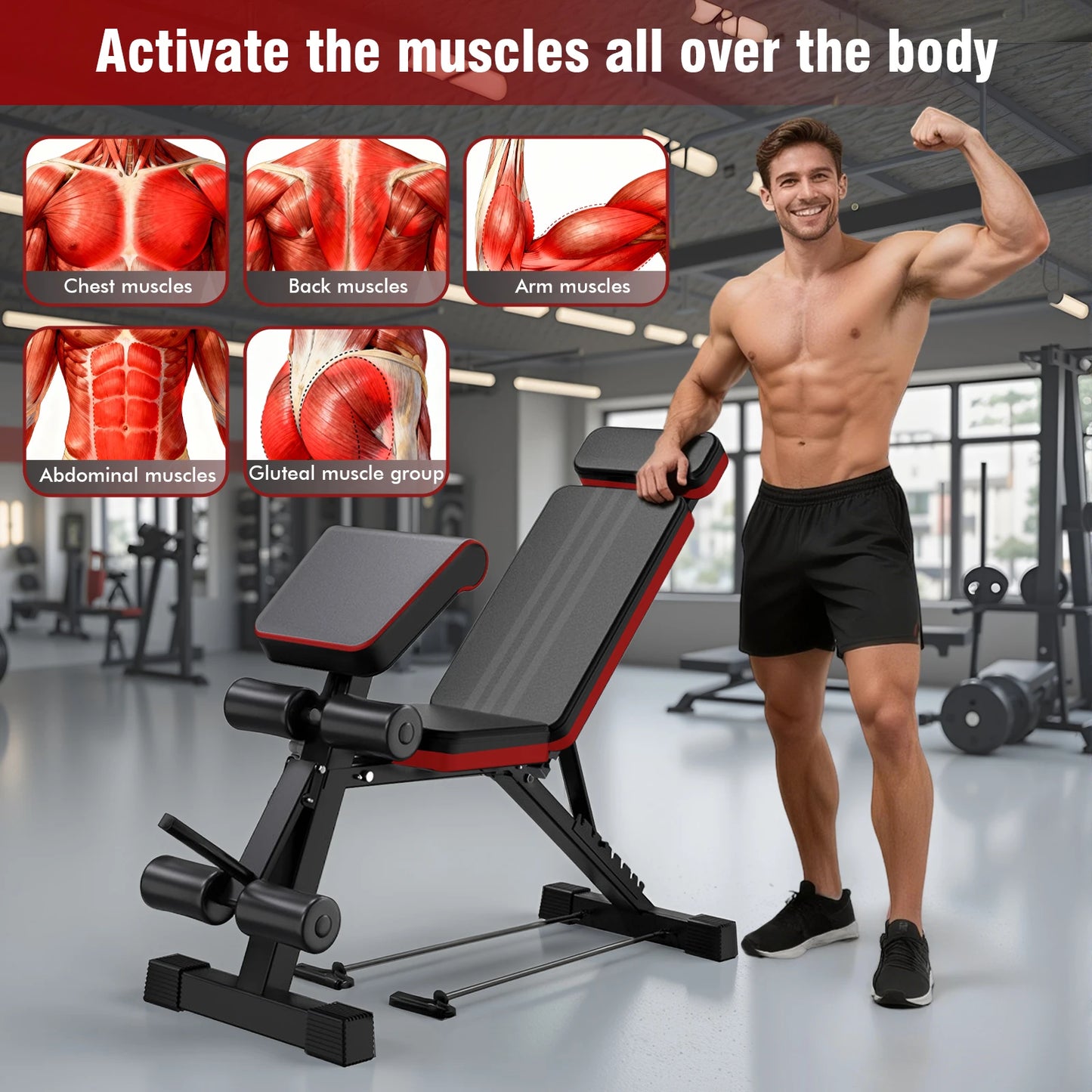 7-Level Foldable Weight Bench With Extended Headrest And Leg Extension