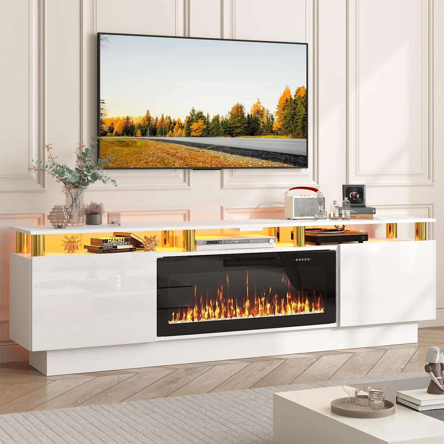 Frame Modern Wood Television Stand With Led Fireplace Entertainment Center