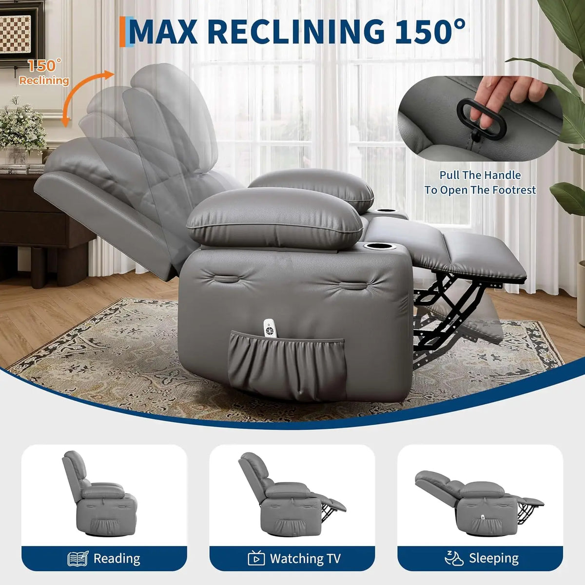 TACLEEKII Swivel Rocker Recliner Chair With Heat And Massage