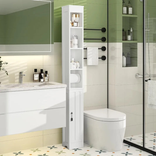 XIUWO Narrow Bathroom Storage Cabinet With Toilet Paper Holder