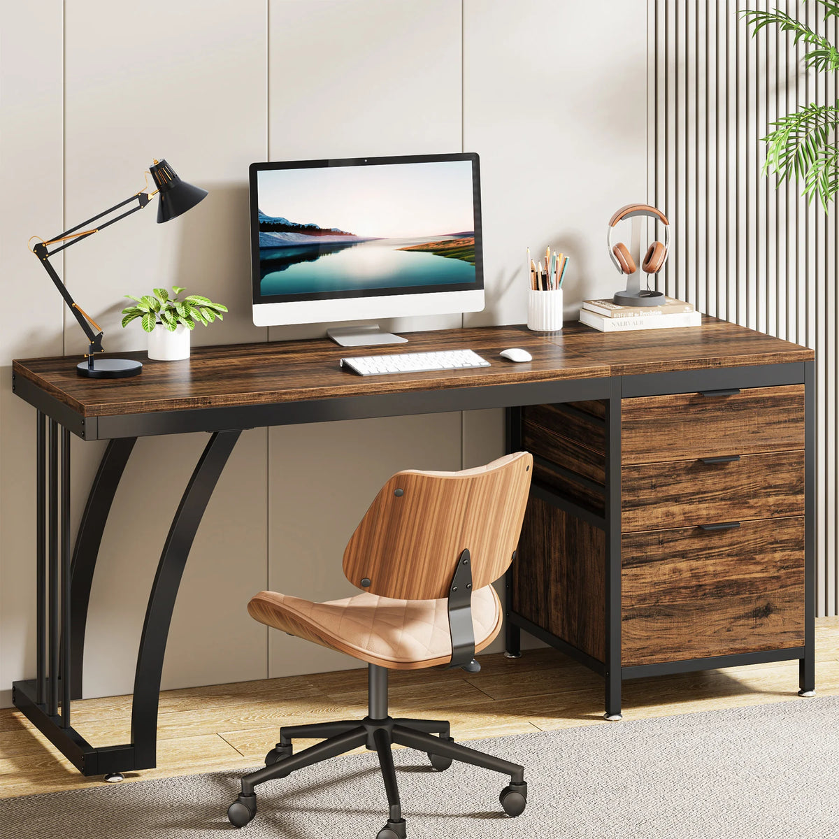 Tribesigns Industrial Computer Desk With Reversible Drawers