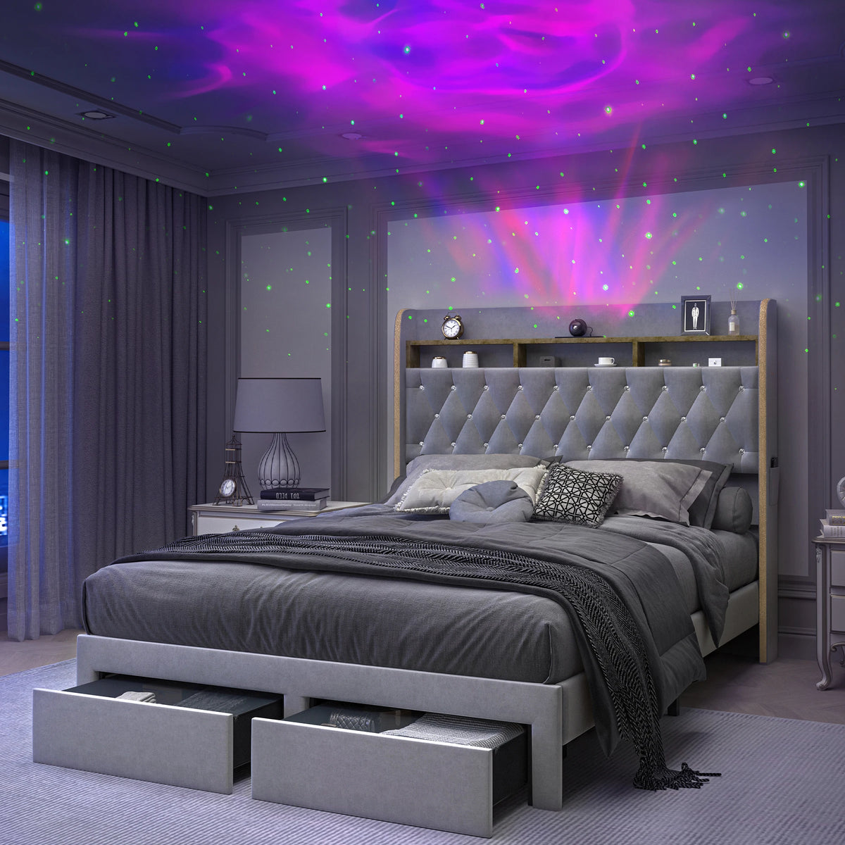 SIBEDS Upholstered Platform Bed Frame With LED Lights And Storage
