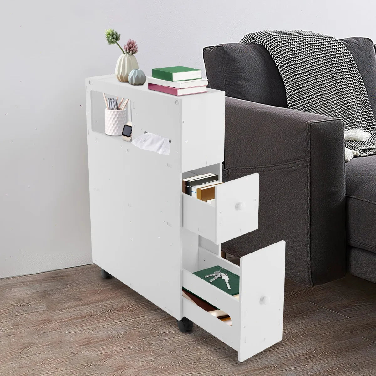 Bymaocar Narrow PVC Bathroom Storage Cabinet With Brakes