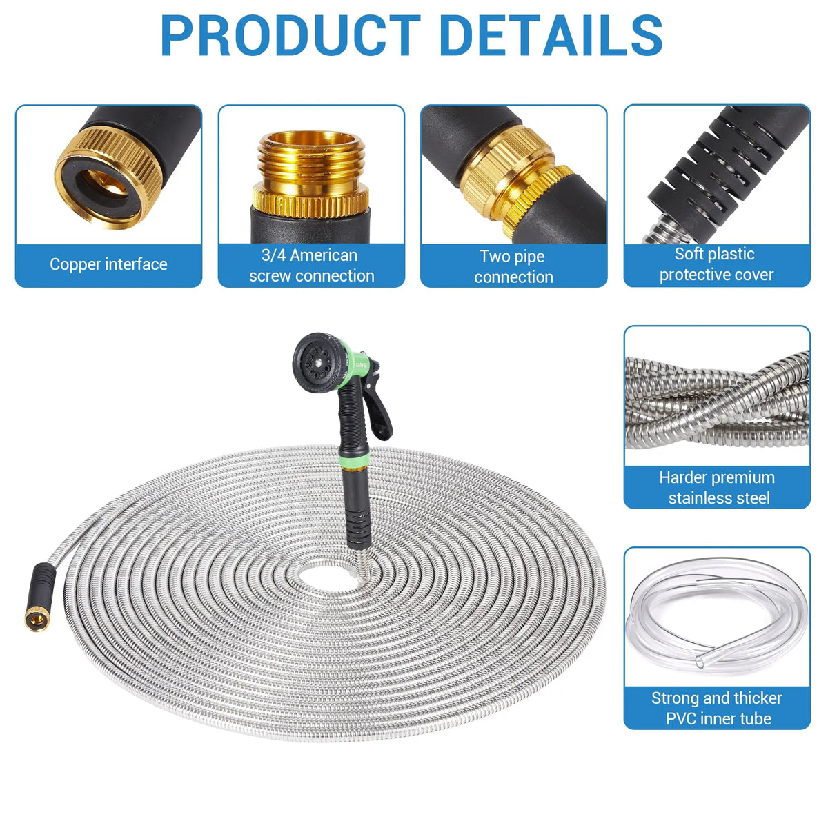HiMISS Stainless Steel Garden Hose With Brass Connectors and Nozzle