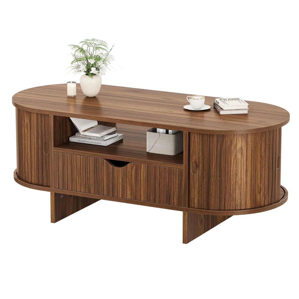 HiMiss Oval Wooden Coffee Table With Storage Drawer Fluted Design