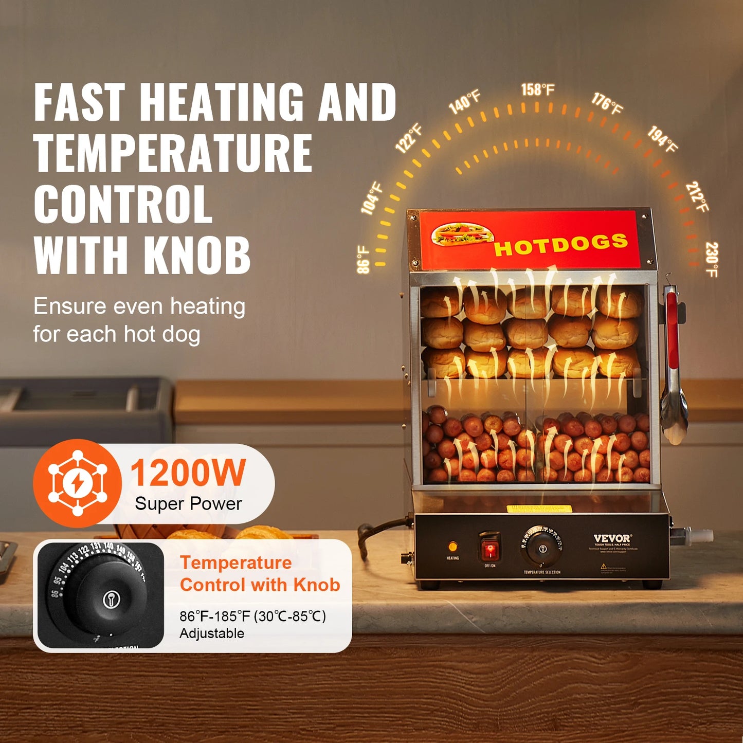 VEVOR Hot Dog Steamer 2 Tiers With Temperature Control