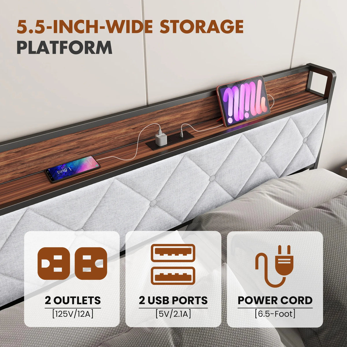 JHK Metal Bed Frame With Storage And Charging Station