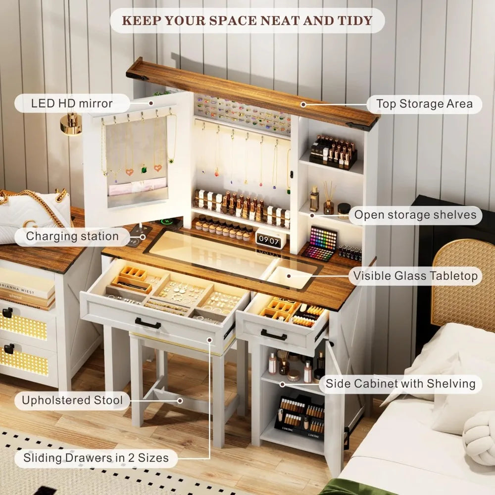 XIAOLANG Farmhouse Vanity Desk With Mirror Lights And Drawers