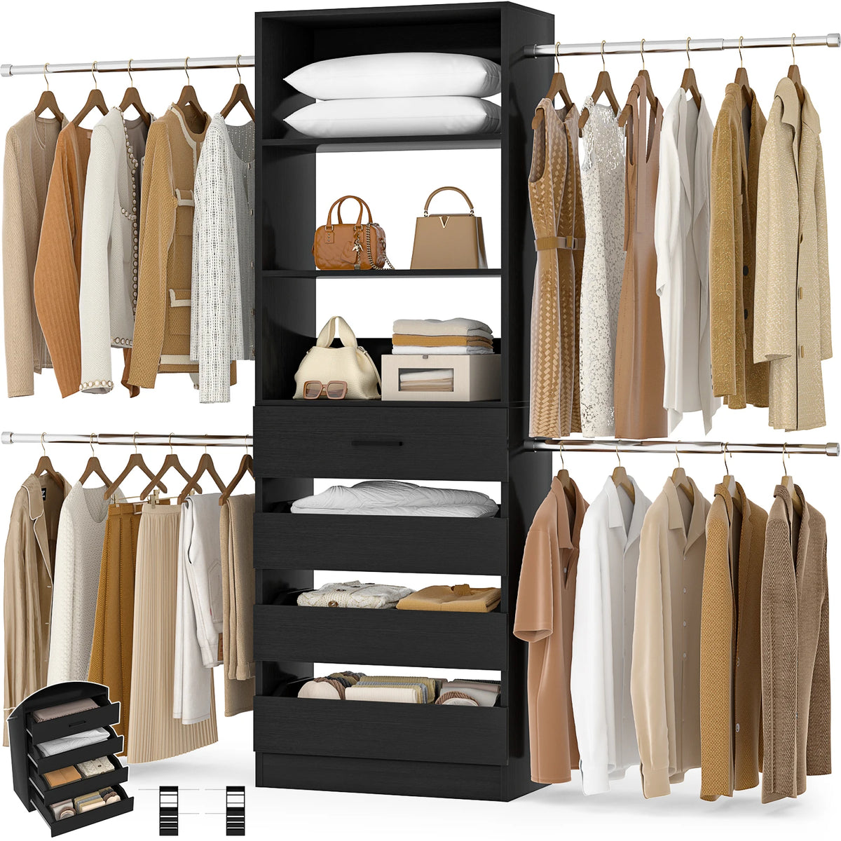 Aheaplus Wooden Closet Organizer With Four Drawers And Hanging Rods