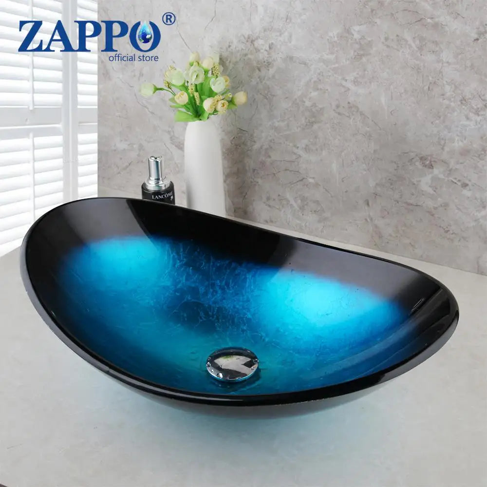 Mekkhala Oval Blue Tempered Glass Vessel Sink With Waterfall Faucet