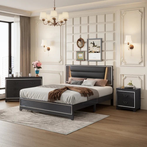 Queen Bed Upholstered 3 Piece Bedroom Set LED Lights Nightstands