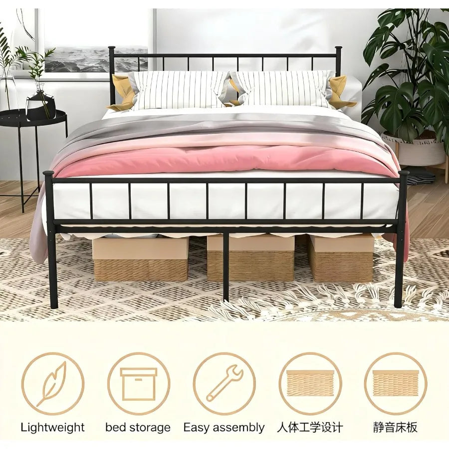 XIUWO Metal Platform Bed Frame Victorian Iron With Underbed Storage