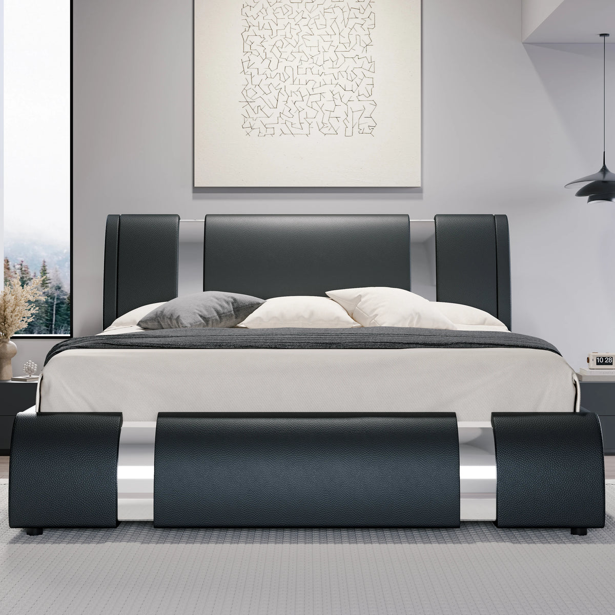 Hoomic Modern Faux Leather Platform Bed Frame With Adjustable Headboard