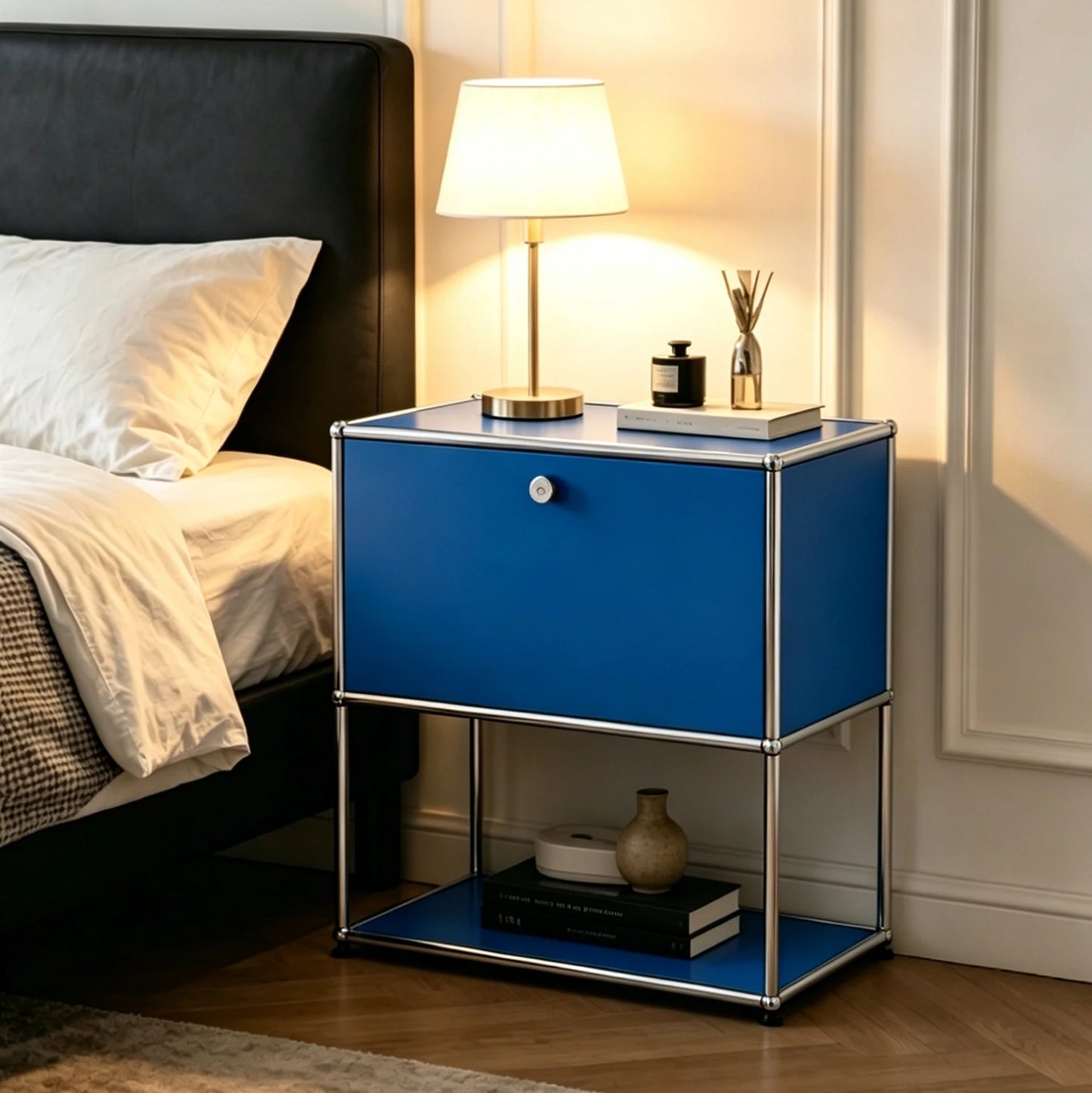 Modern Modular Nightstand Chrome Metal Frame 2 Tier Bedside Table