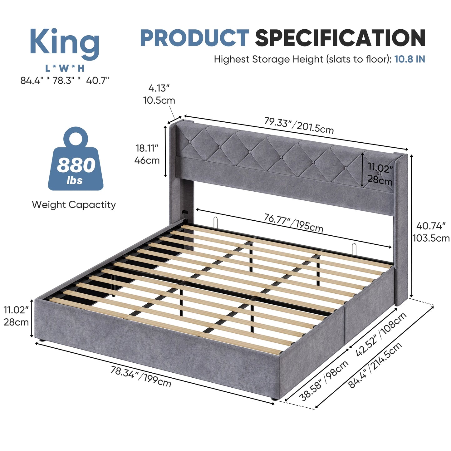JHK Lift Up Storage Bed With Upholstered Wingback Headboard