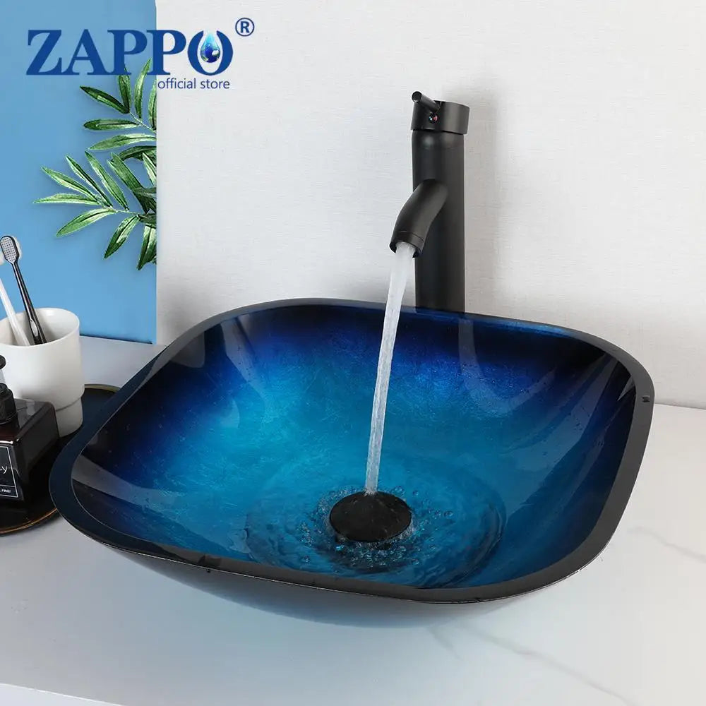 Mekkhala Oval Blue Tempered Glass Vessel Sink With Waterfall Faucet