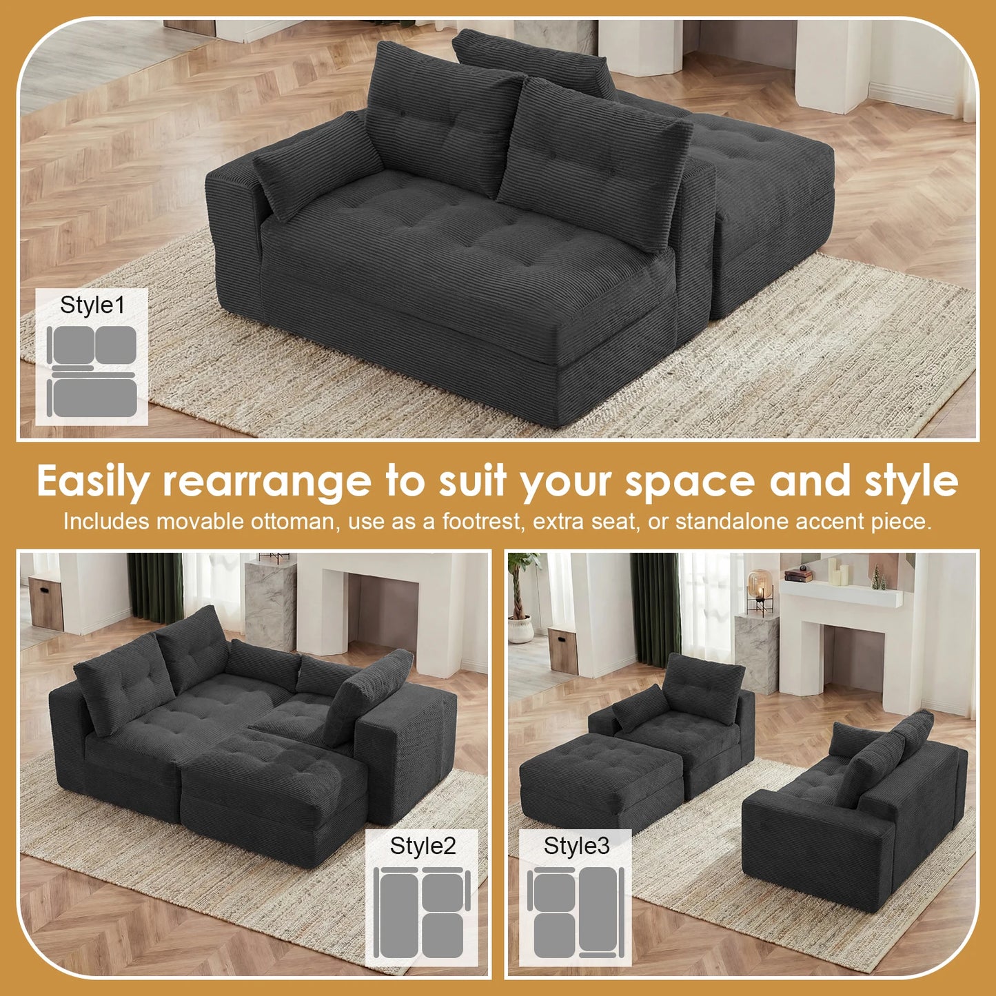Modular L Shaped Sectional Sofa With Ottoman Corduroy Fabric