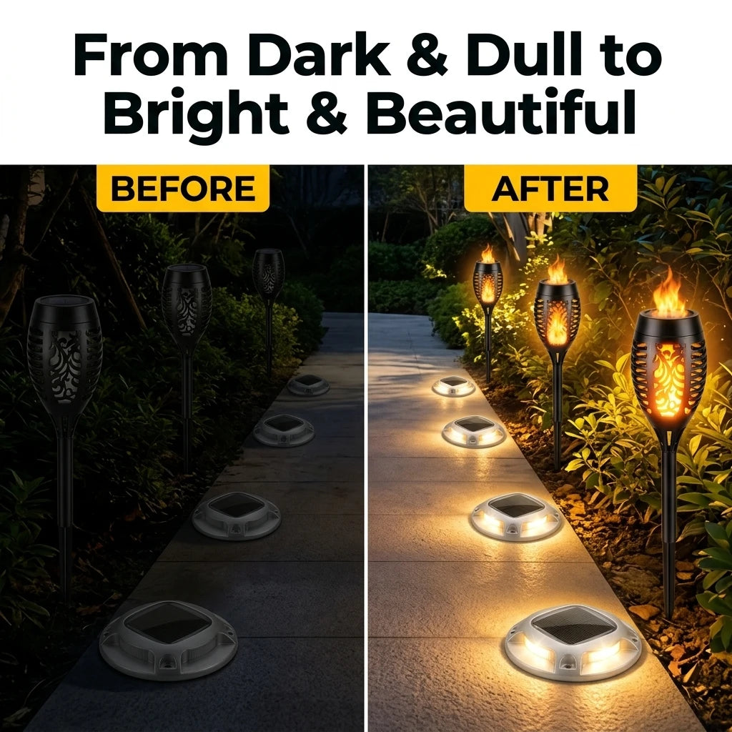 Solar Outdoor Flickering Flame Torch And Ground Lawn Lighting Set