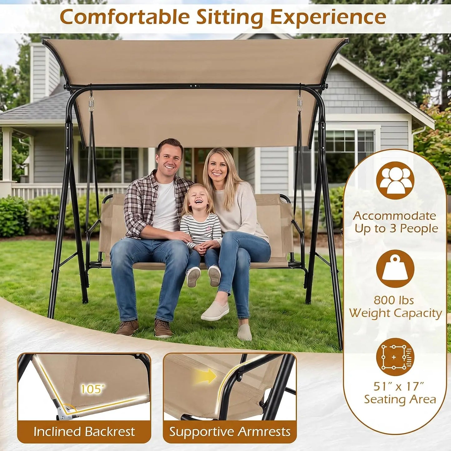 Three-Person Porch Swing With Adjustable Canopy And Sturdy Metal Frame