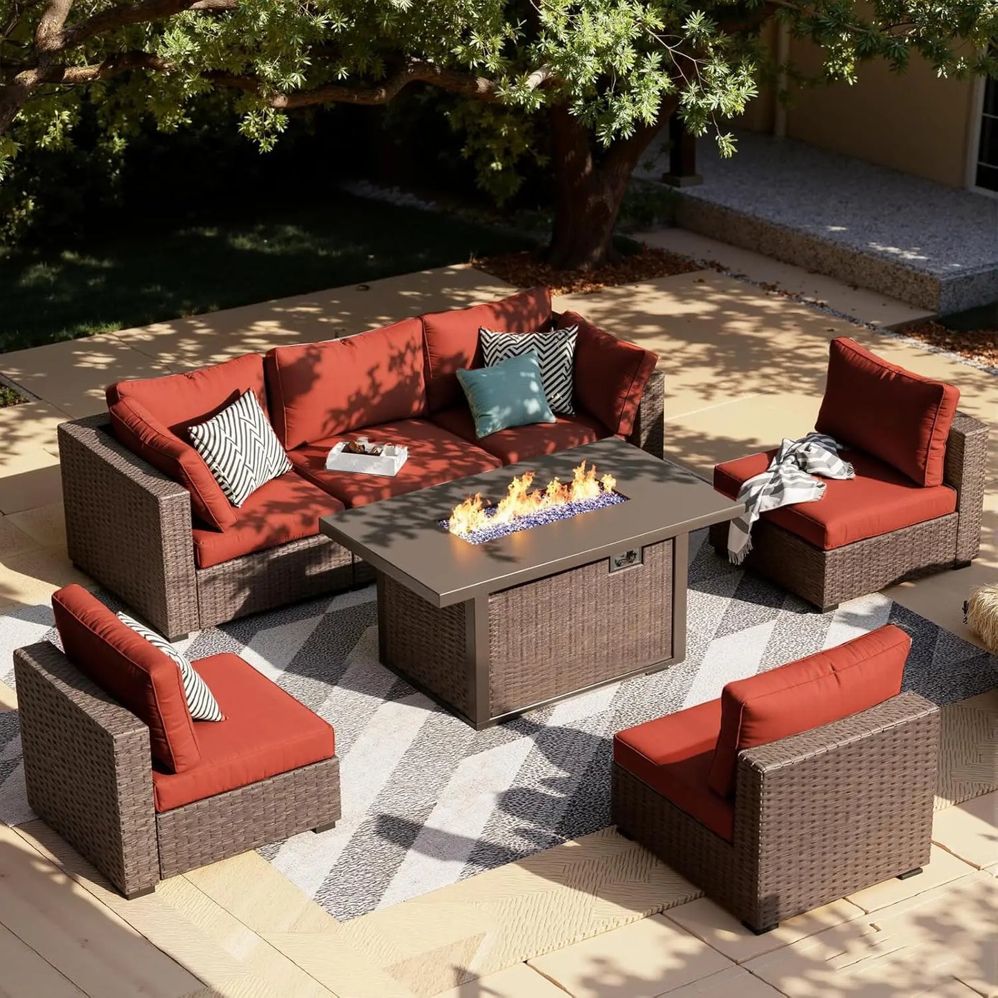 XIAOLANG 7-Piece Outdoor Patio Furniture Set With Fire Pit Table