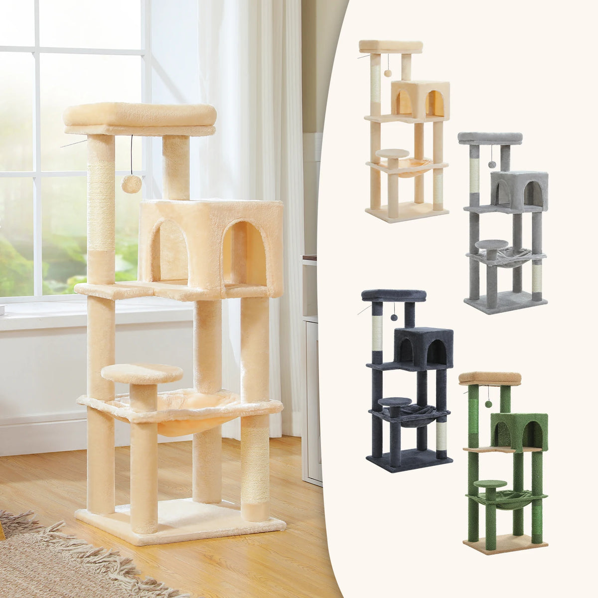 PEQULTI Multi Tier Cat Tree With Scratching Posts And Hammock