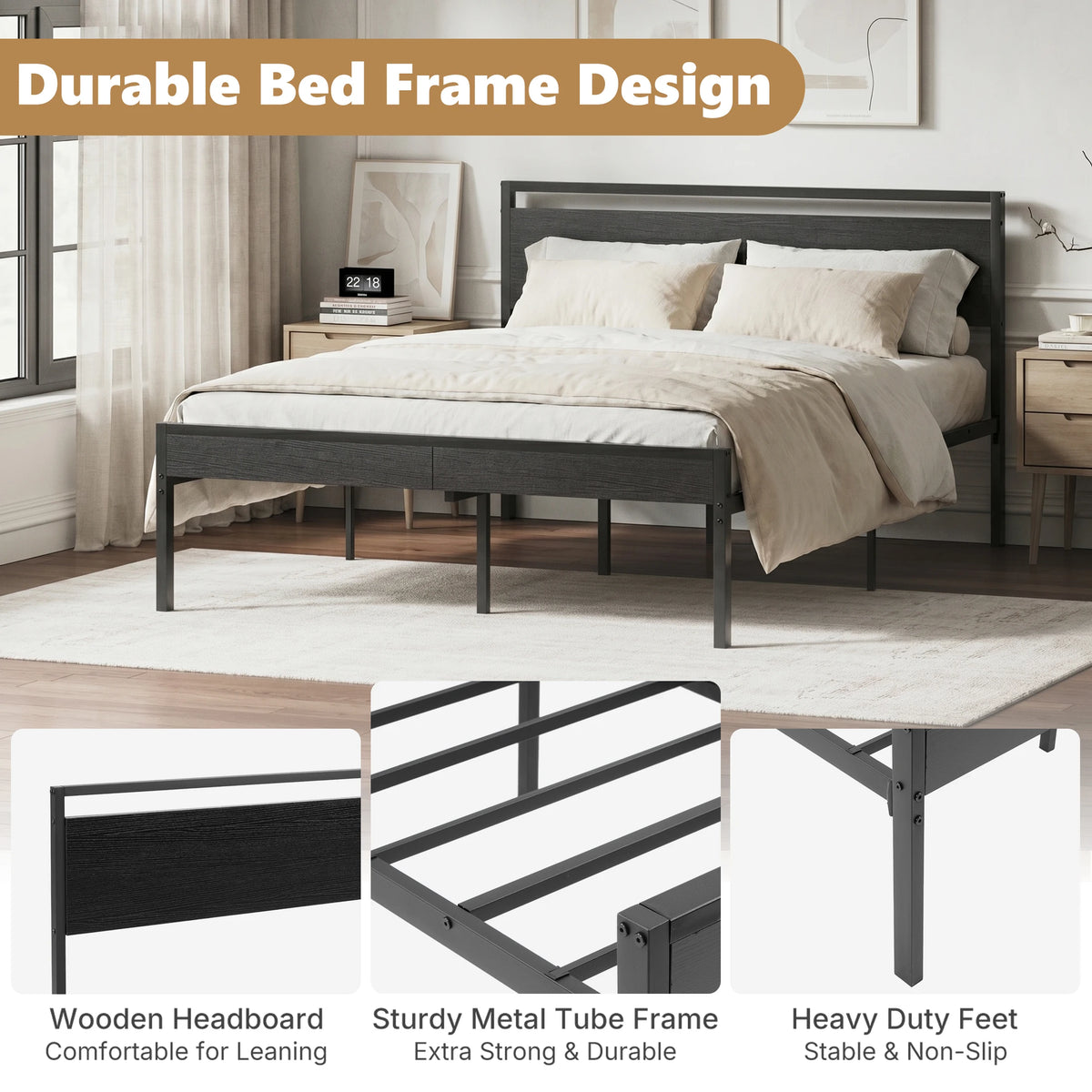 JHK Metal Bed Frame With Wood Headboard Heavy Duty Platform