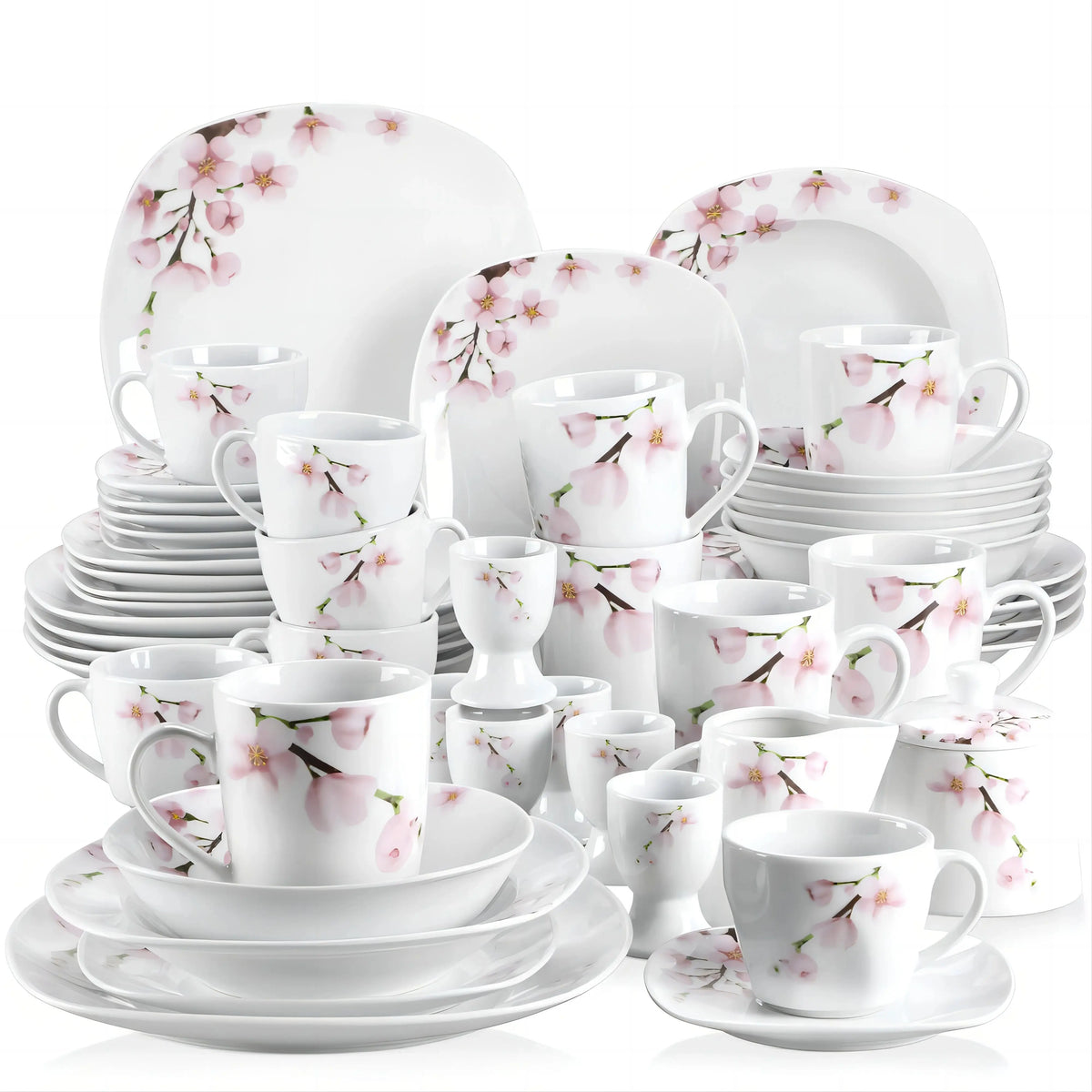 VEWEET Porcelain Dinnerware Set With Plates Bowls Cups And Saucers