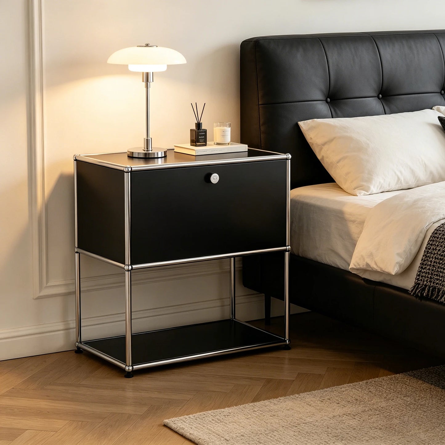 Modern Modular Nightstand Chrome Metal Frame 2 Tier Bedside Table