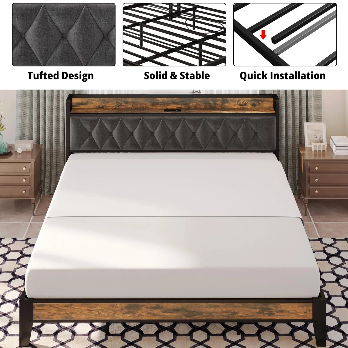 ANCTOR Bed Frame With Storage Headboard And Outlets