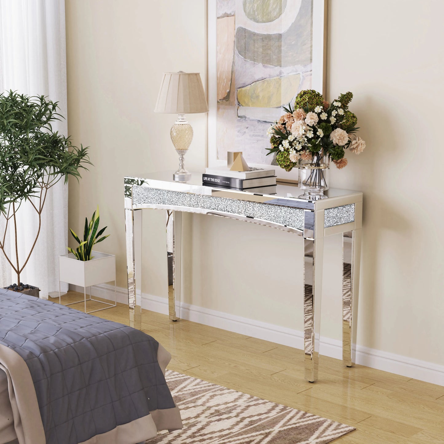 Mirrored Console Table With Crystal Inlay For Living Room Entryway