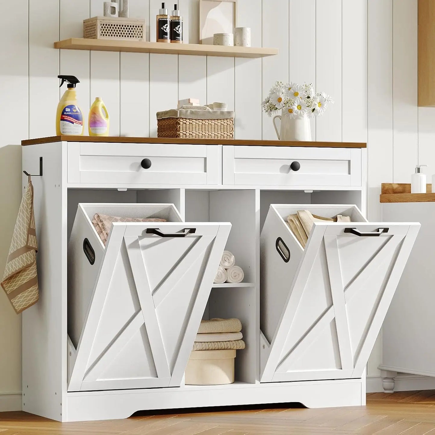 Modern Double Tilt Out Laundry Hamper Cabinet With Open Shelf