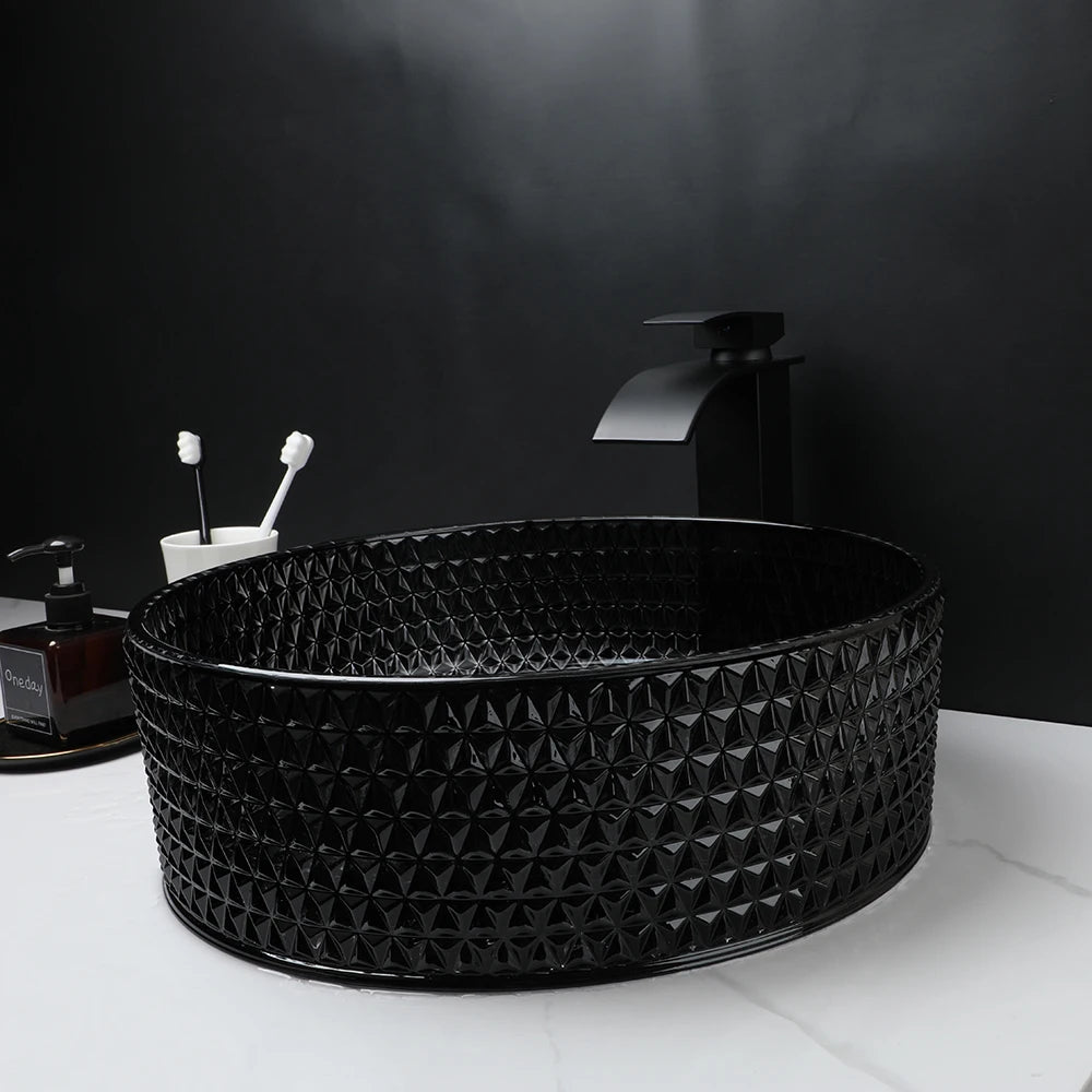 Mekkhala Black Crystal Glass Round Vessel Sink And Faucet Combo