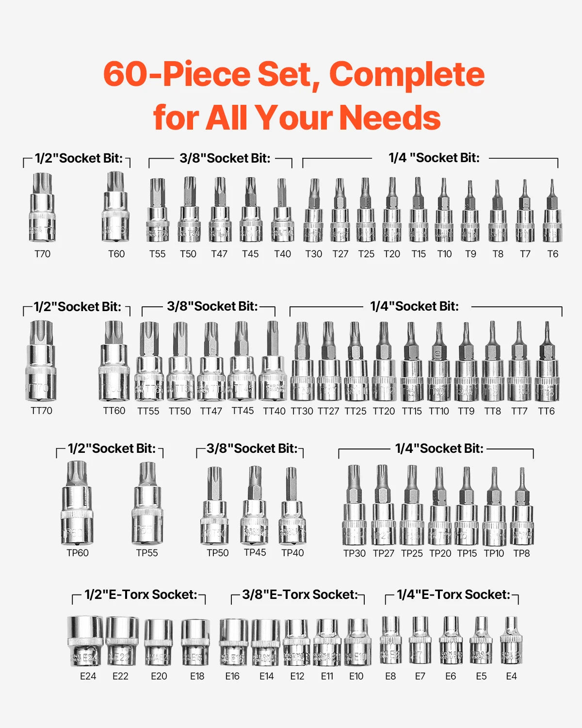 SucceBuy 60-Piece Torx Bit Socket Set T6-T70 And E4-E24