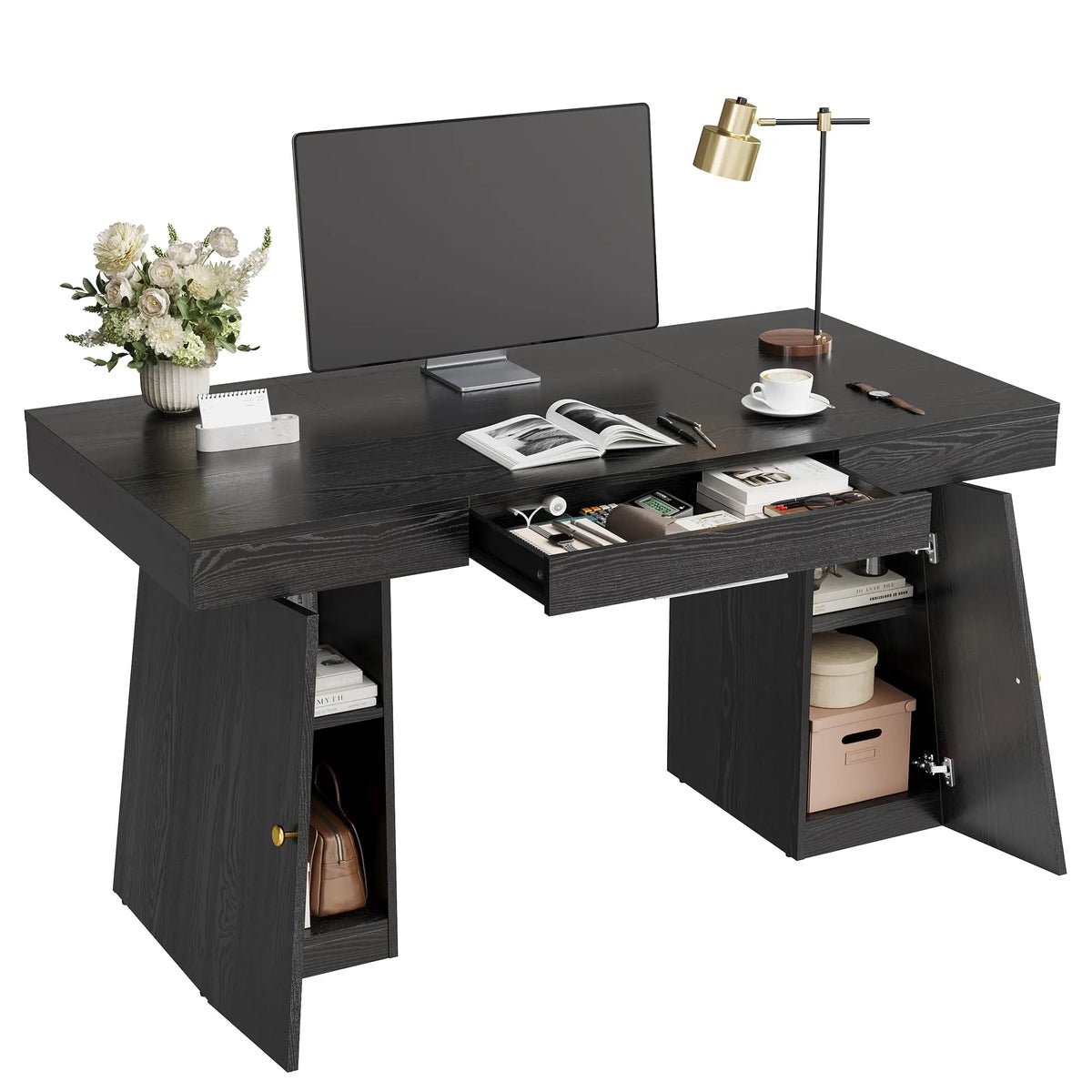 55 X 27.5 Inch Computer Desk With Drawer, Cabinet & Storage Shelves, Gaming Writing Study Table For Home Office Work
